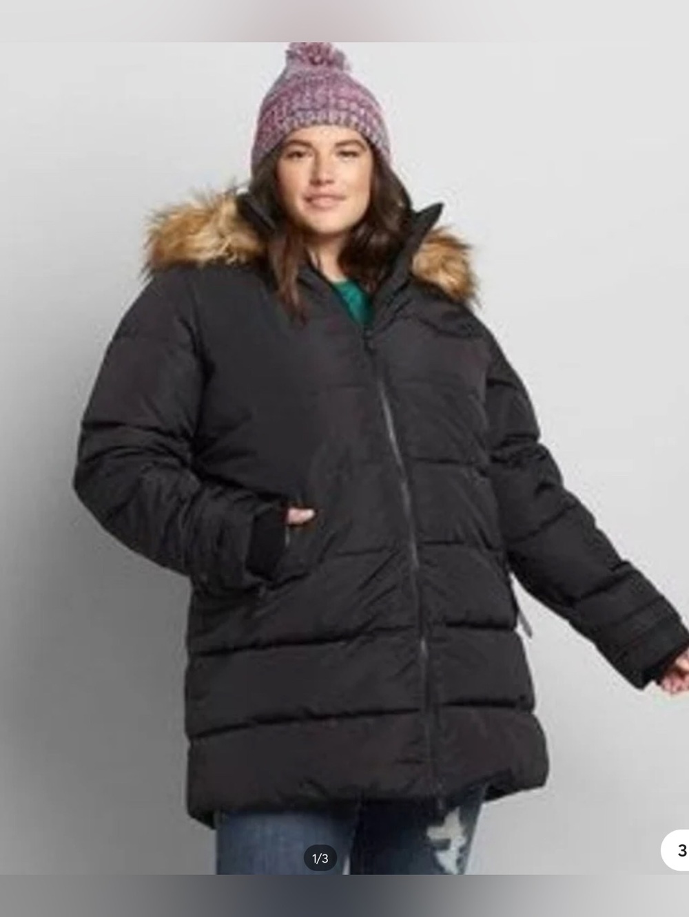 NWT Lane Bryant Black Puffer Parka with Faux Fur Trim size 18/20